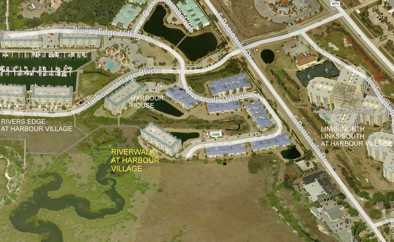 Aerial photo of River Walk at Harbour Village