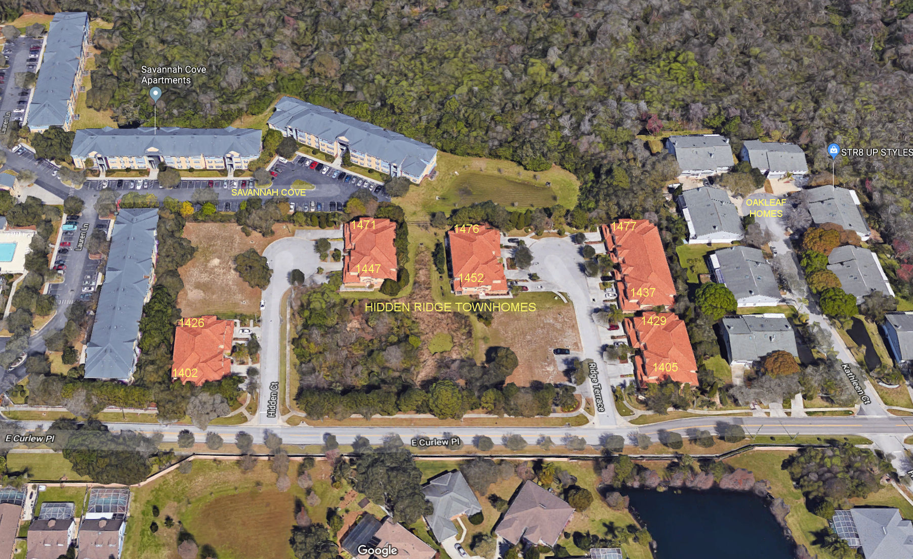 Aerial photo of Hidden Ridge Townhomes