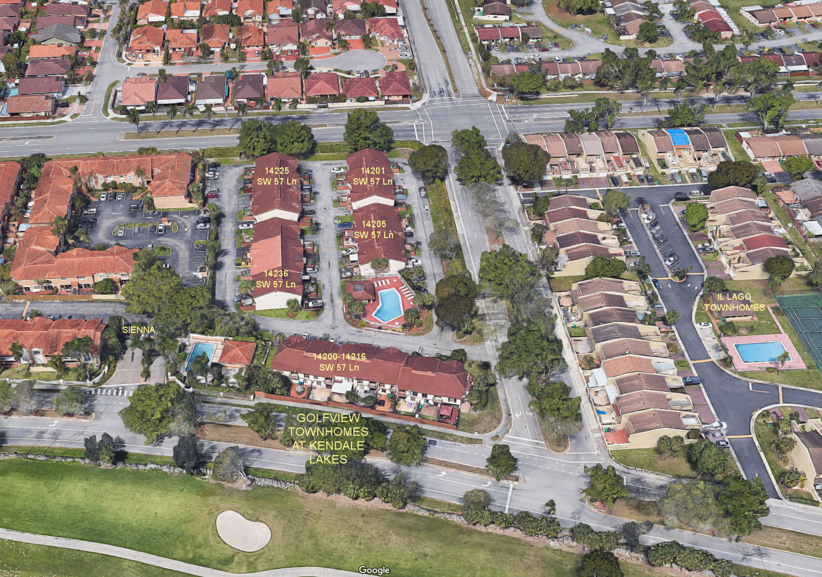 Aerial photo of Golfview Townhomes at Kendale Lakes